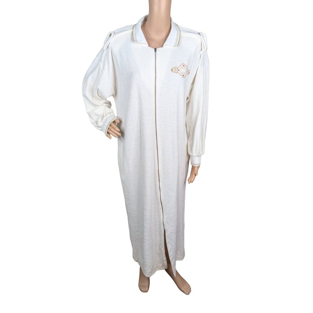 VTG 80s NWT I. Magnin Leigh Karmitz Terry Robe M Military Ivory Zip House Coat
